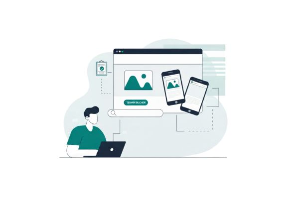 Minimalistisches Illustration zeigt Person am Laptop mit Local SEO und KI-Elementen wie Standortmarkierung und Suchsymbol