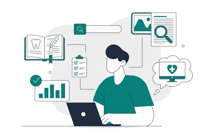 Laptop und Recherchematerial für die Erstellung medizinischer Texte