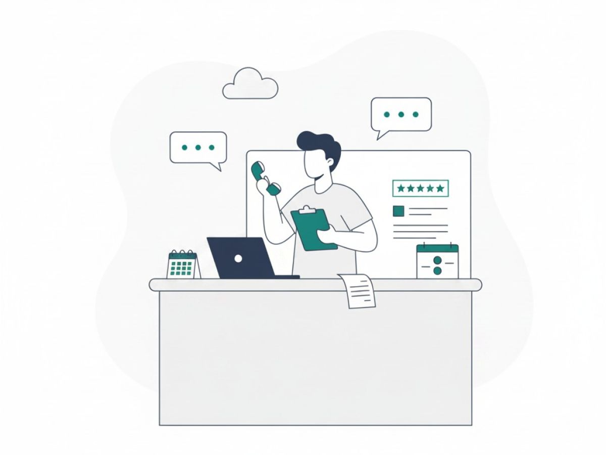 Illustration einer Person im Kasack an der Rezeption mit Telefon, Unterlagen und Bewertungs-Karte